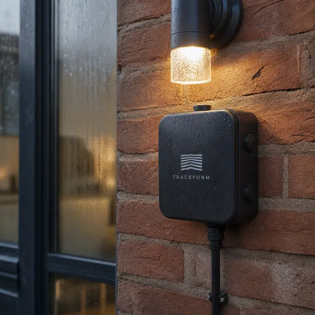 Weatherproof outdoor socket on a wet brick wall
