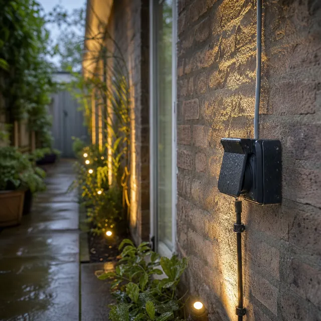 Garden lights and an outdoor socket on a wall after rain