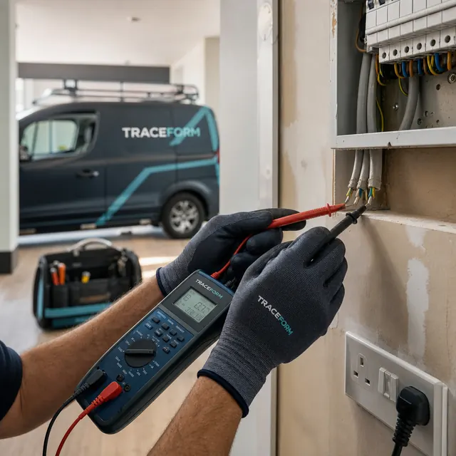Gloved hands testing wiring at a consumer unit with a multimeter