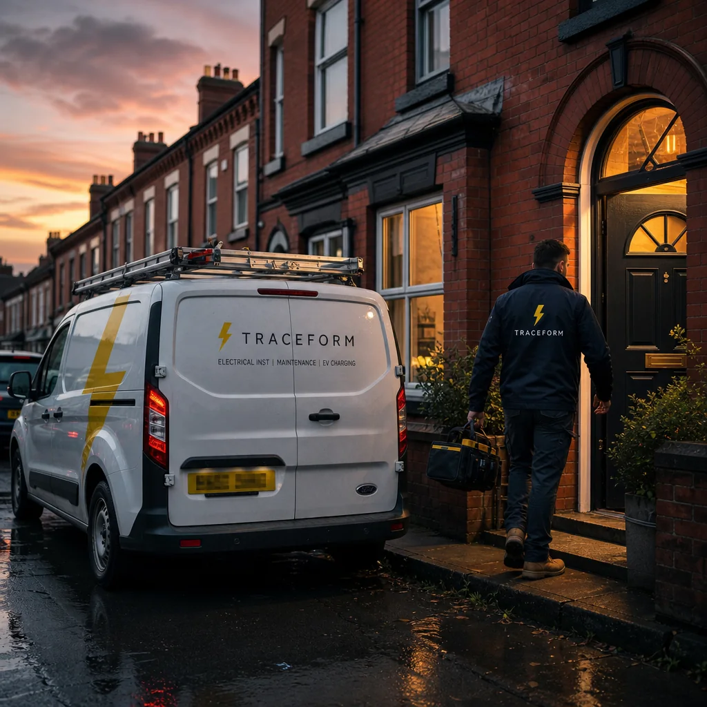 TRACEFORM electrician walking from the van to a terraced house