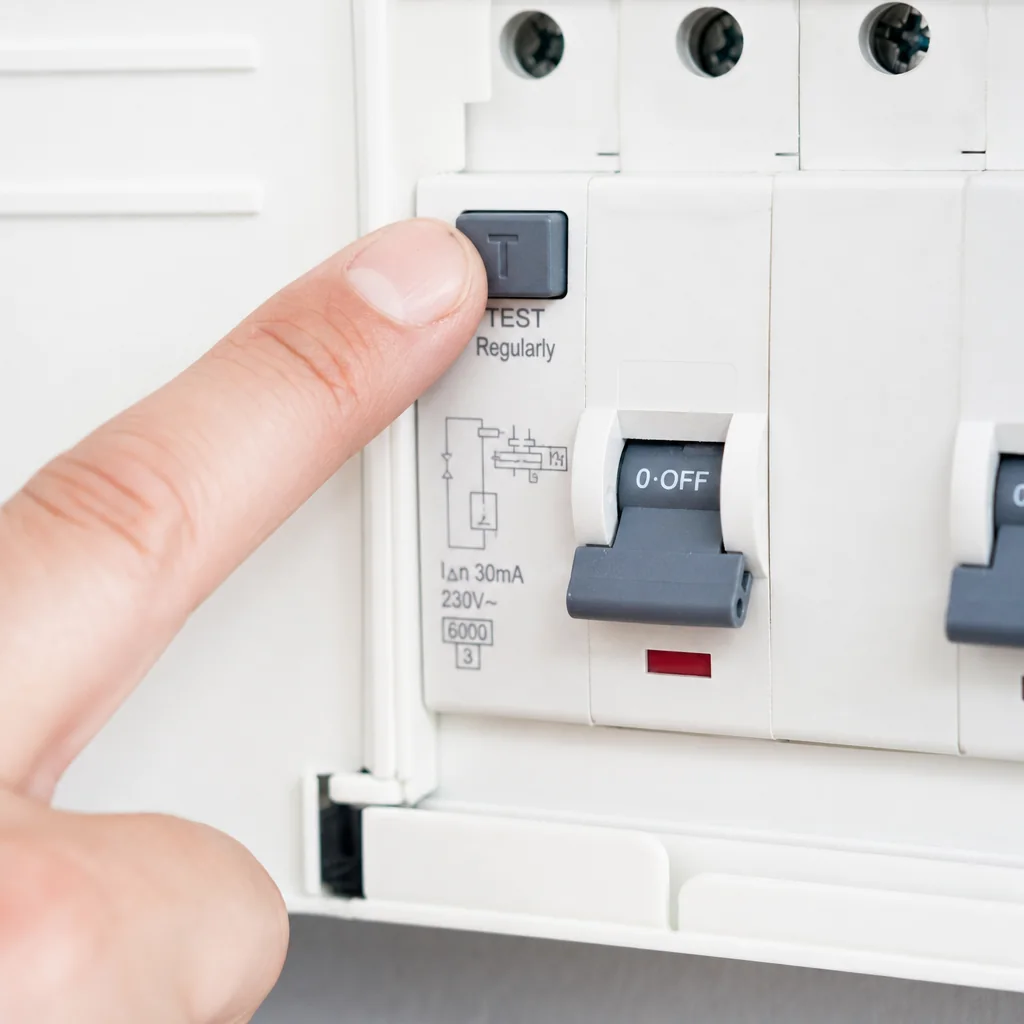 Finger pressing the test button on a 30 mA RCD with the switch in the off position