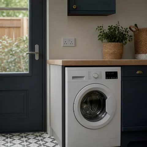 Washing machine in a utility room beside a wall socket