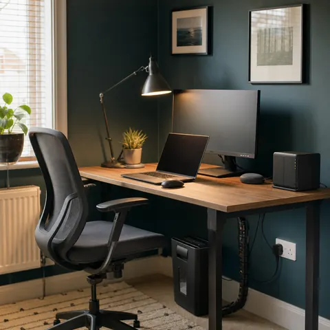 Home office desk with a monitor, laptop and lamp plugged in
