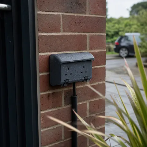 Outdoor socket on a brick wall during heavy rain