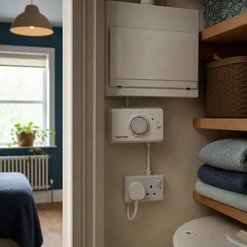 Immersion heater timer and switch in an airing cupboard