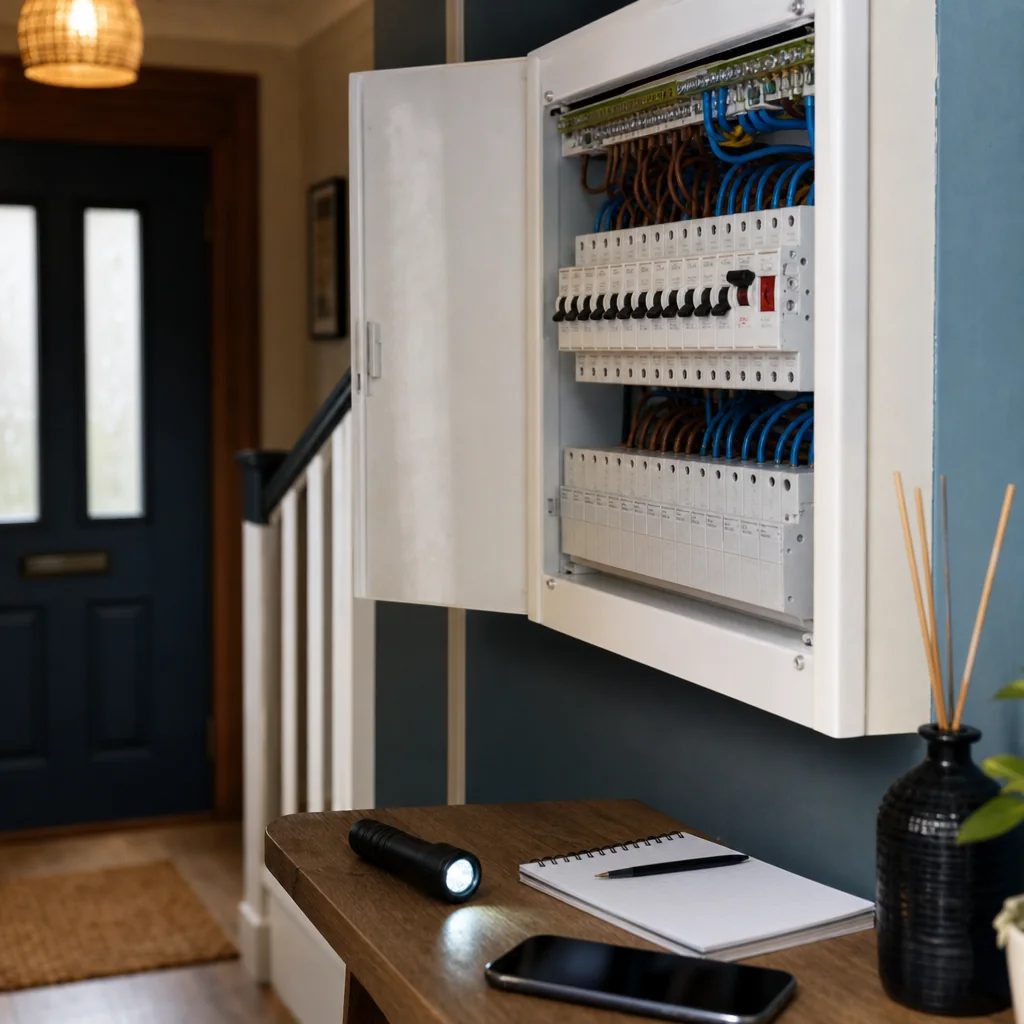 Open consumer unit in a hallway showing RCDs and breakers