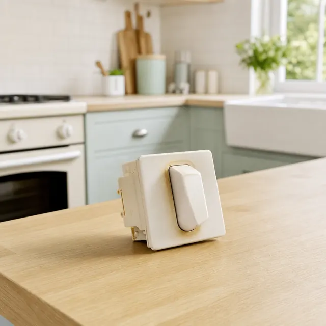 Cooker isolator switch on a kitchen wall above the worktop