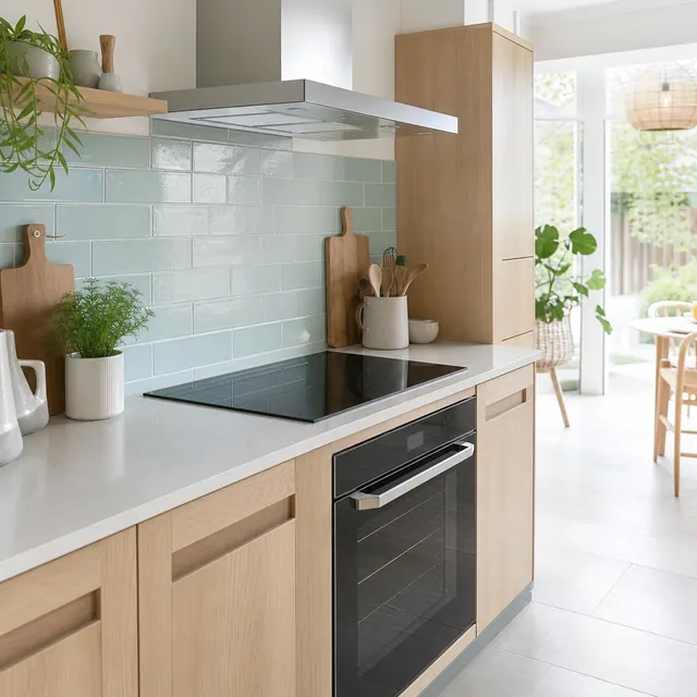 Induction hob and oven in a light modern kitchen