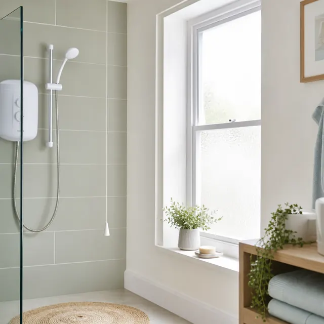 Electric shower unit on a tiled bathroom wall near a window