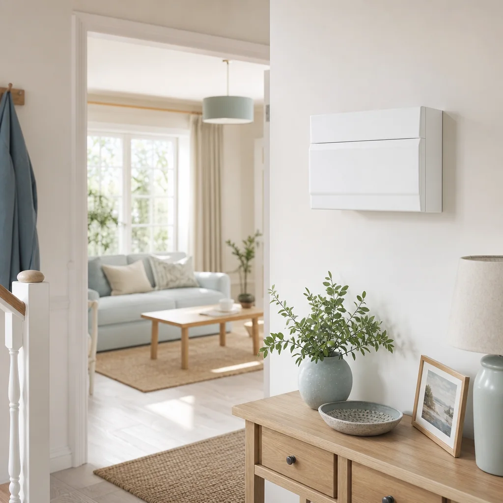 Consumer unit on a bright living-room wall