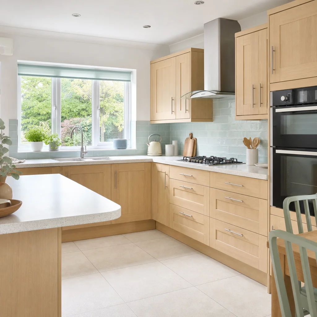Bright kitchen with an electric shower visible in the adjoining bathroom