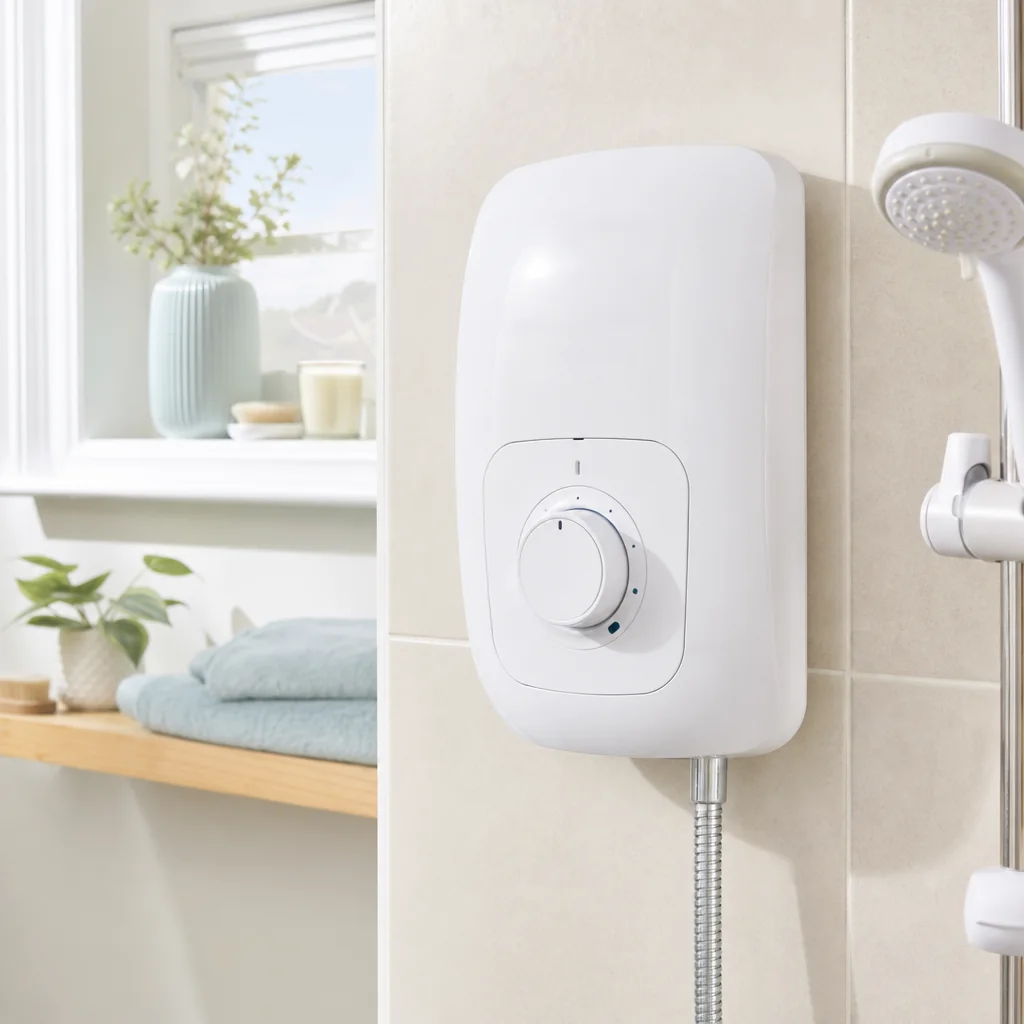 Electric shower unit mounted on a bathroom wall