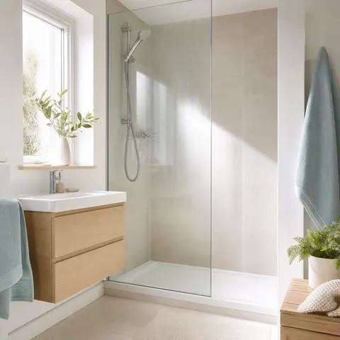 Bathroom with an electric shower running