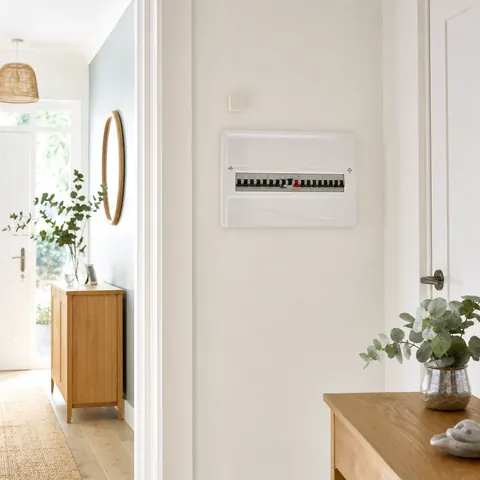 Consumer unit on a hallway wall with a breaker tripped