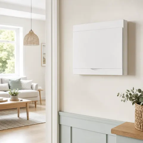 Consumer unit on a landing wall by a bedroom door