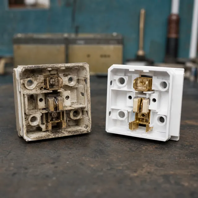 Two worn socket faceplates with burnt contacts on a bench