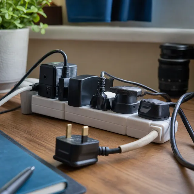 Extension lead loaded with several plugs and adaptors