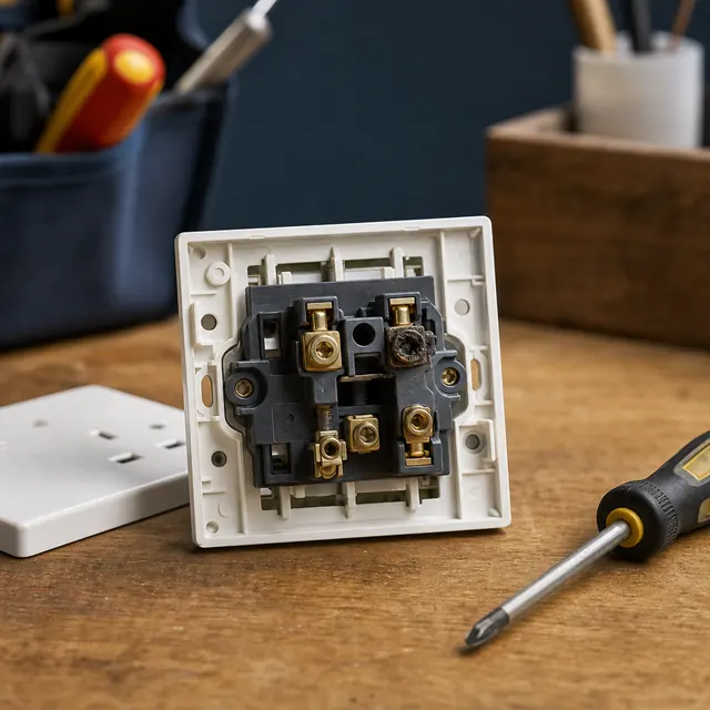 Back of a socket faceplate showing burnt terminals