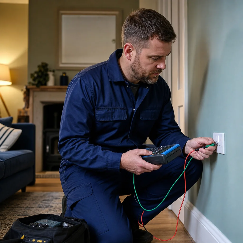 TRACEFORM electrician testing a wall socket with a plug-in tester