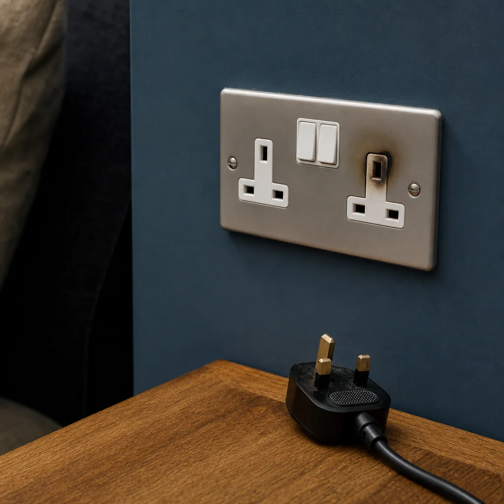 Grey double socket with a scorch mark on a dark blue wall