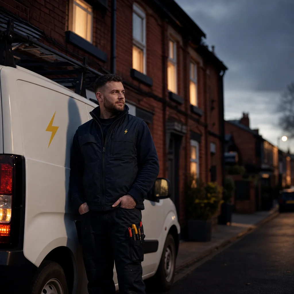 TRACEFORM electrician beside the van on a terraced street at dusk