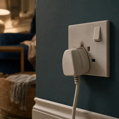 Grey socket with a plug inserted on a blue wall