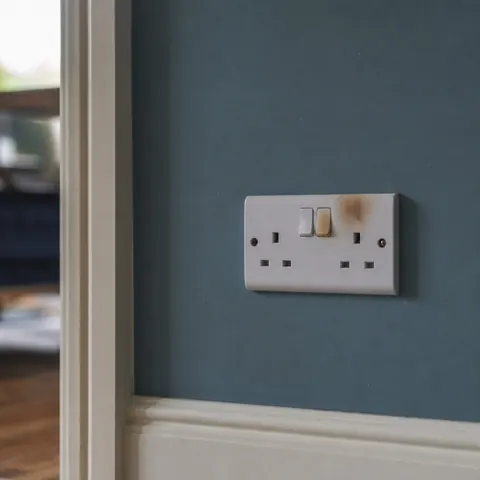 Grey metal double socket on a blue wall