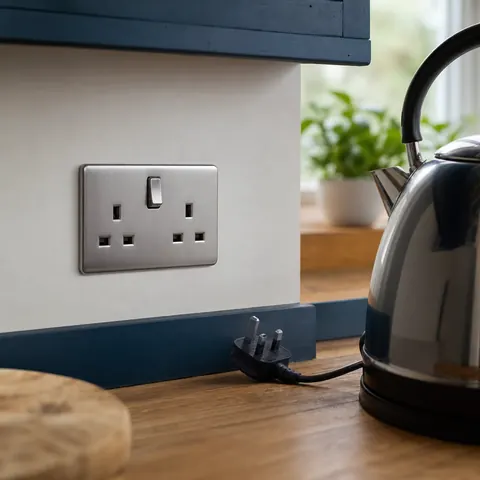 Kettle plug being pushed into a socket on a kitchen wall