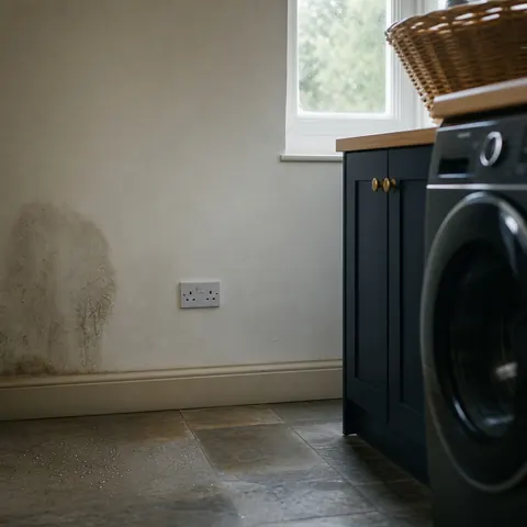 Socket beside a washing machine with damp marks on the wall
