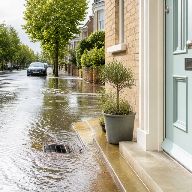 Surface water flooding a residential street