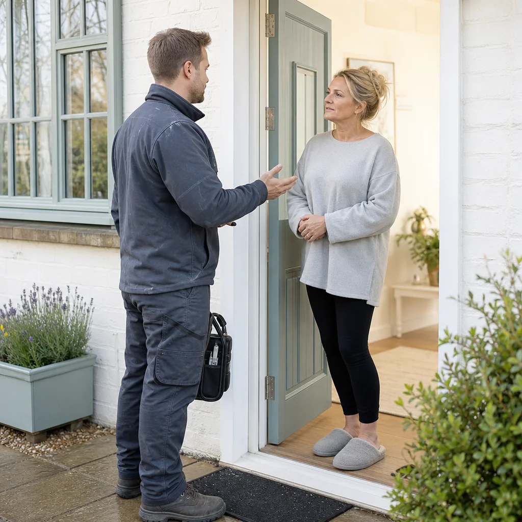 TRACEFORM electrician greeting a customer at her front door