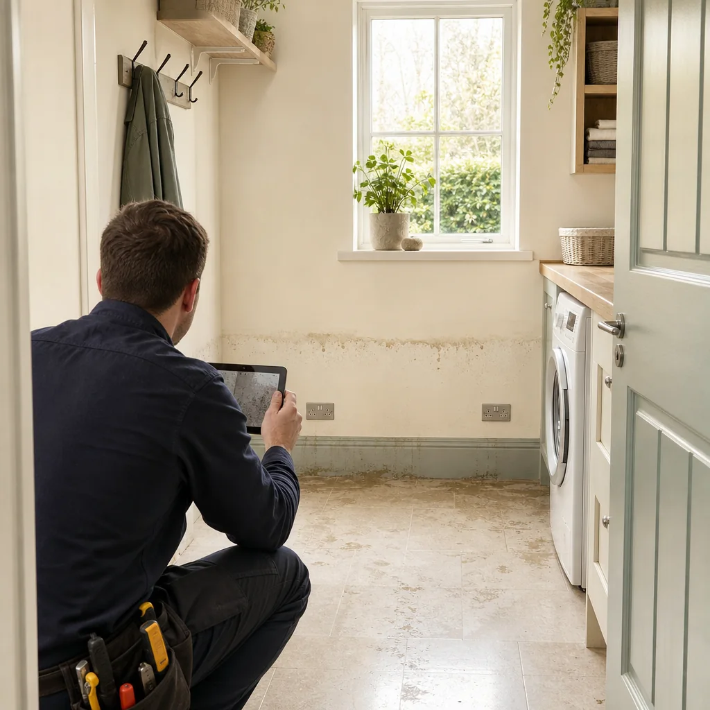 Electrician photographing flood damage to a wall socket in a utility room