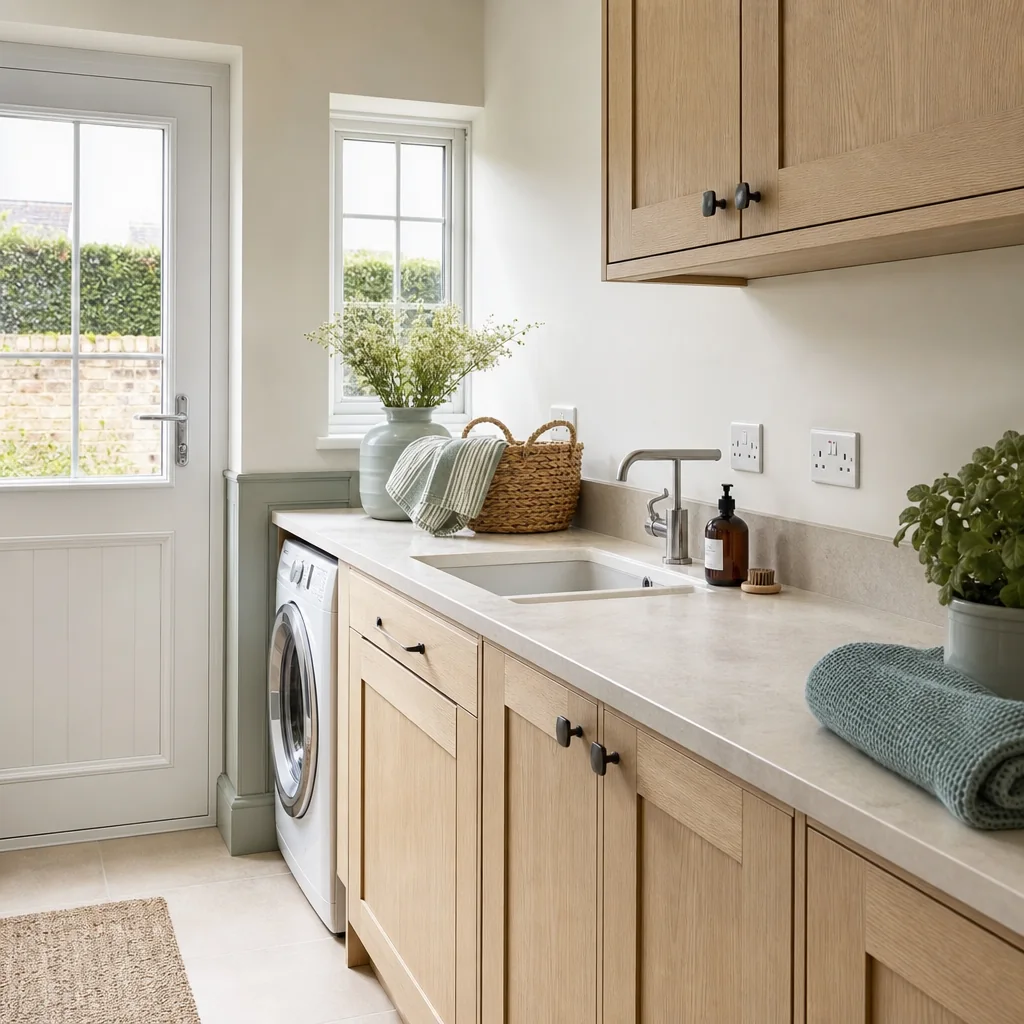 Bright utility room with a washing machine and socket after a storm