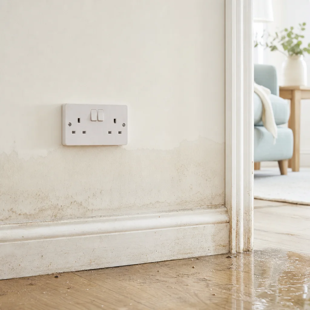 Low wall socket in a room with a tide mark from flood water