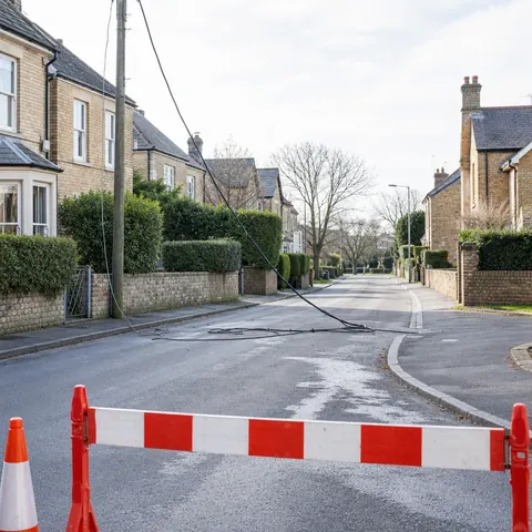 Street closed with barriers after a power line came down