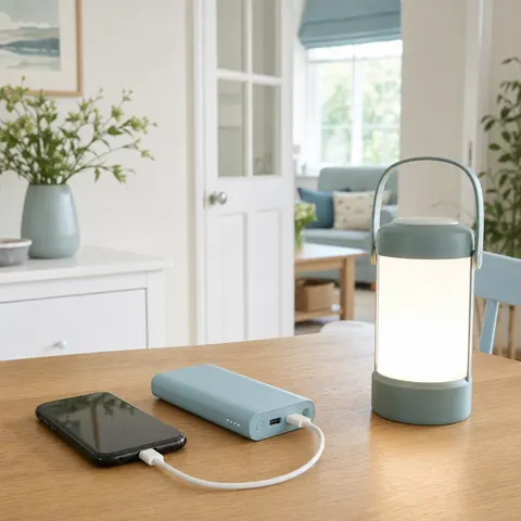 Battery lantern and phone on a table ready for a power cut