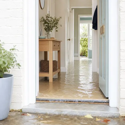 Rainwater running across a hallway floor from the front door