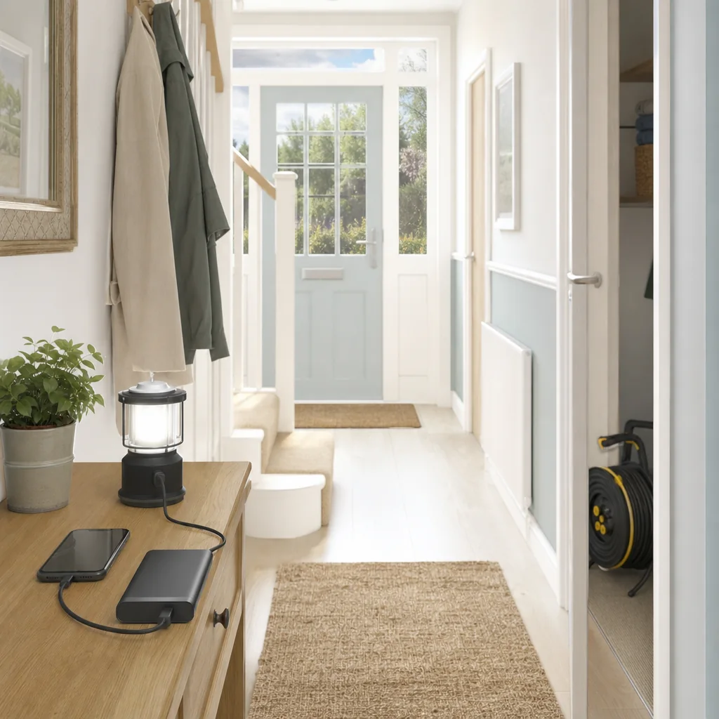 Battery lantern and phone on a hallway floor during a storm