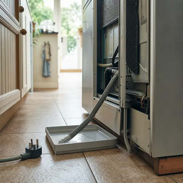 Leaking washing machine pulled out from under a worktop