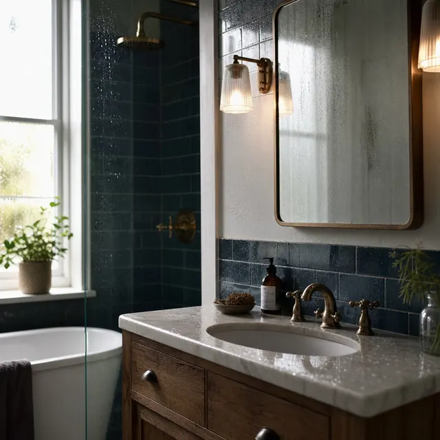 Condensation on a bathroom mirror above a basin