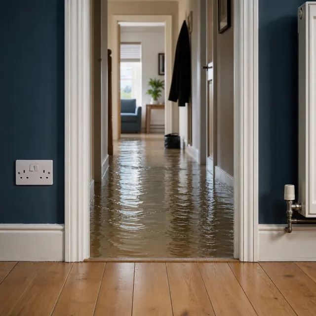 Flood water covering a hallway floor