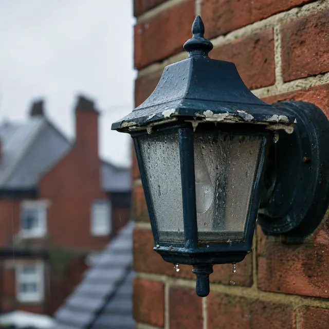 Outdoor wall lantern with water pooling inside the glass