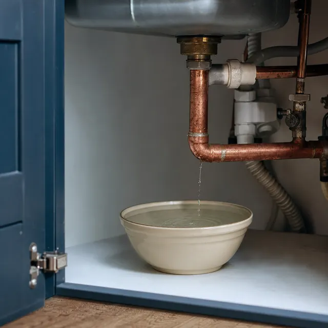 Bowl catching drips from a leaking pipe under a boiler