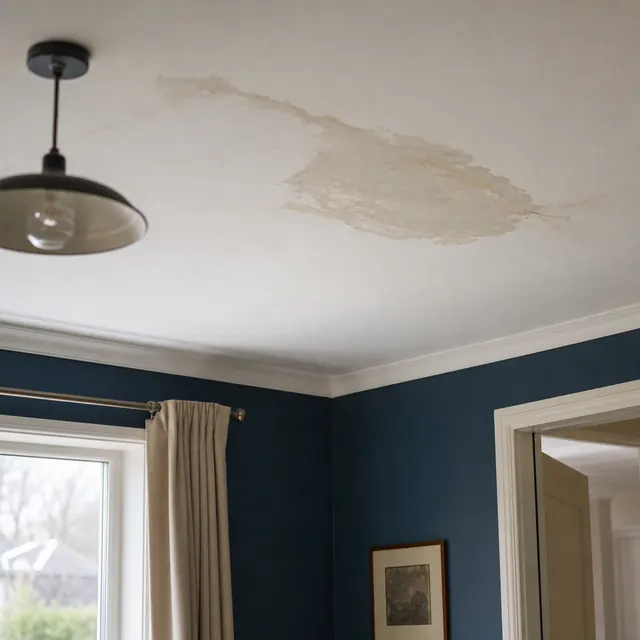 Water stain spreading across a ceiling under a roof leak