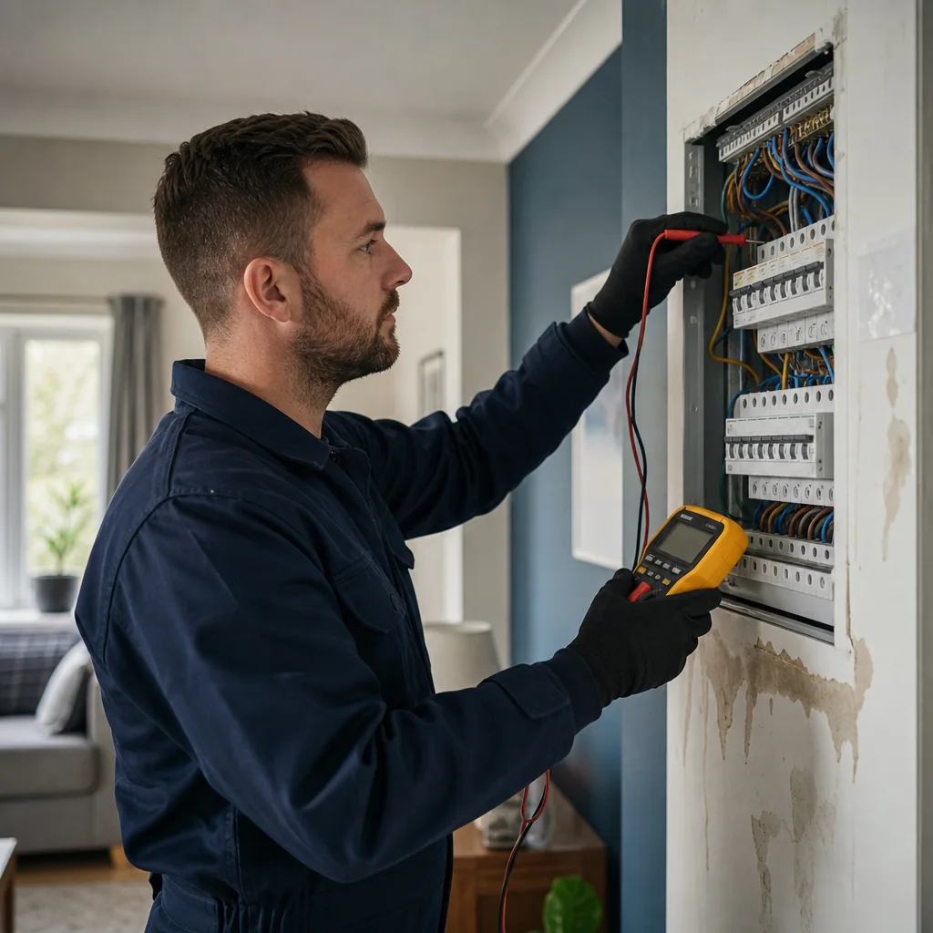 TRACEFORM electrician testing an open consumer unit with a multimeter