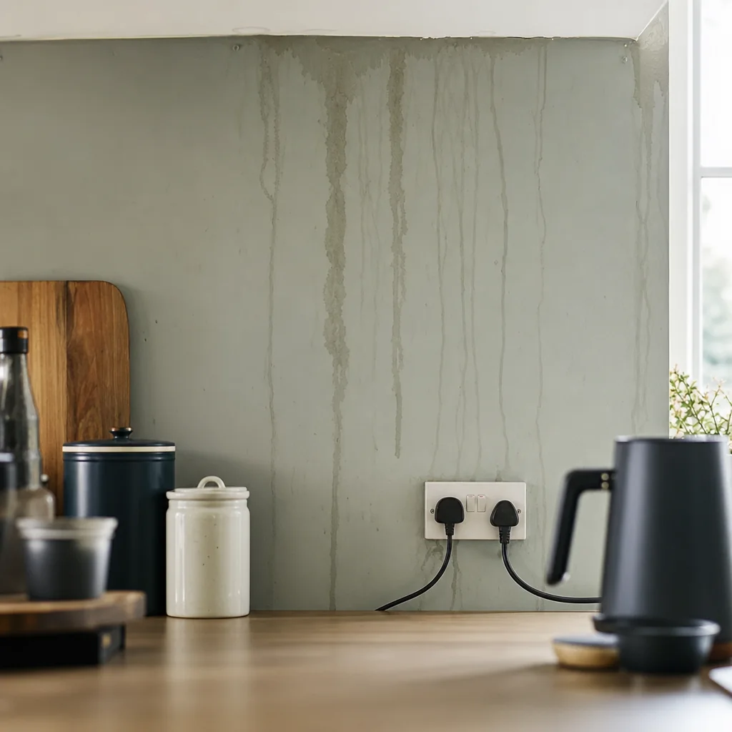 Kettle and socket on a kitchen worktop with damp marks on the wall