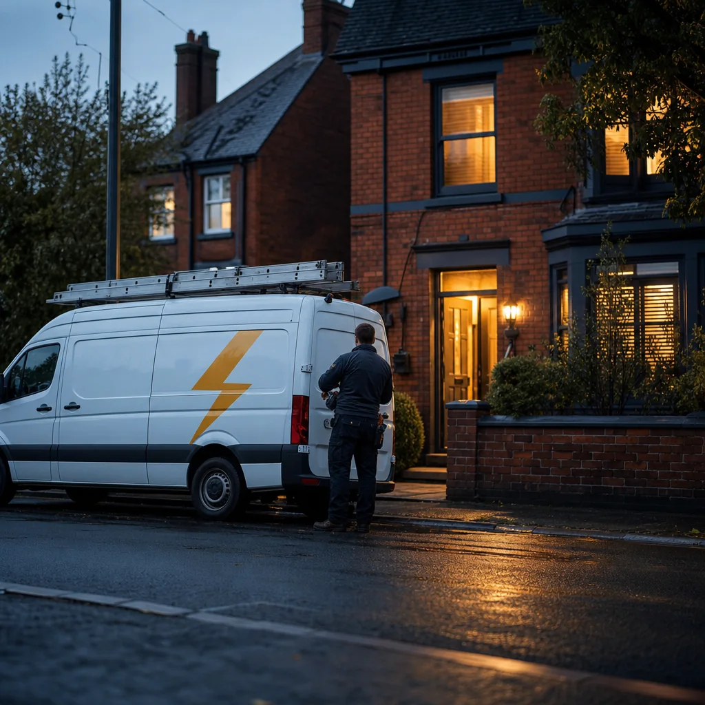 TRACEFORM electrician with a tool bag by the van outside a house at dusk