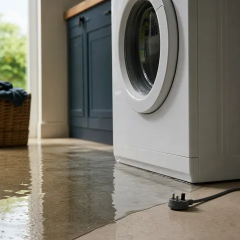 Water leaking across the floor from a washing machine