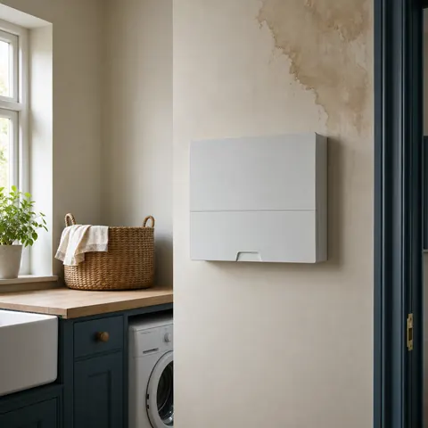 Consumer unit on a kitchen wall with damp staining beneath it