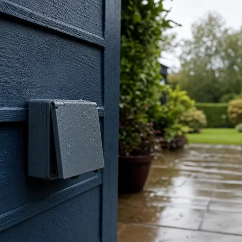 Outdoor socket on a wet wall with a garden behind
